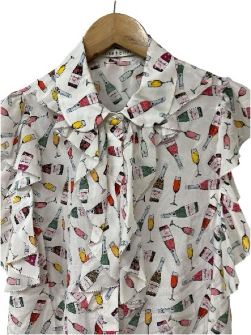 Alice + Olivia Robbie Wine Printed Ruffled Blouse Weekend Toast Size Small Silk - Picture 3 of 5